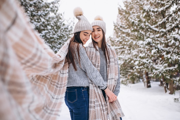 Two girls twins together in winter park