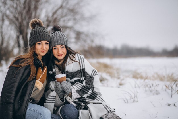 Two girls walking together in a winter park