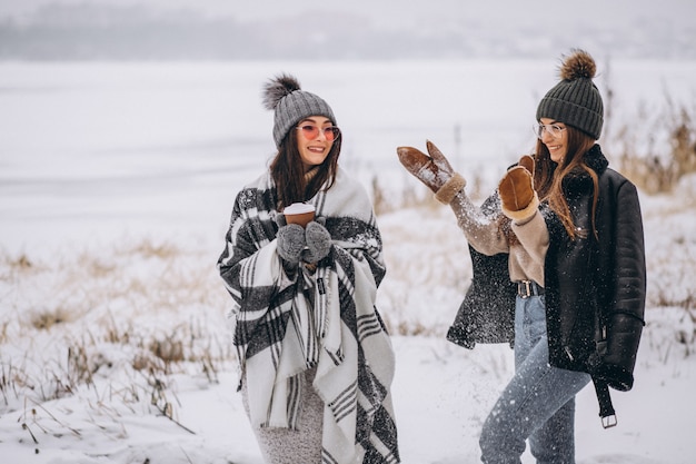 Two girls walking together in a winter park