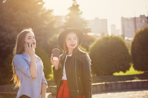 Due ragazze che camminano con lo shopping per le strade della città