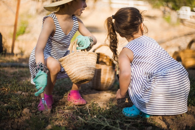 Two girls working in the field