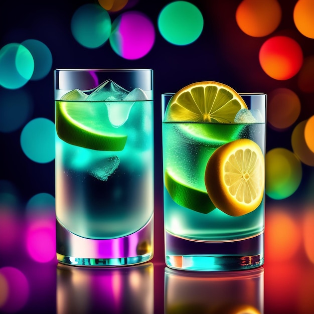 Foto gratuita due bicchieri di alcol con un lime e un lime sul fondo.