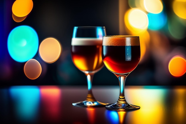 Free photo two glasses of beer on a bar with lights in the background