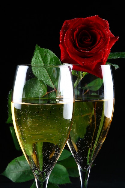 Free photo two glasses of champagne and rose