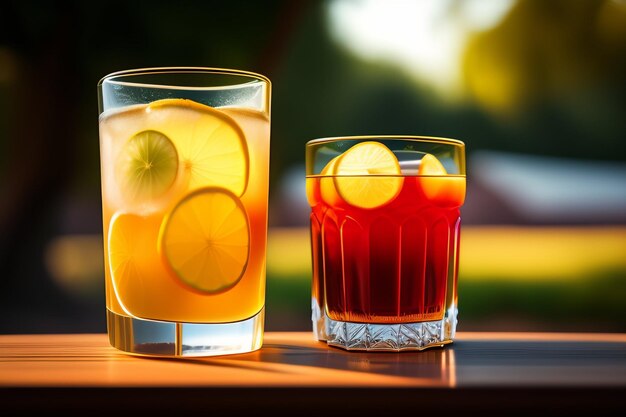 Two glasses of cocktails on a table with a green background.