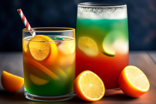 Two glasses of liquid with oranges and a red and white striped straw.