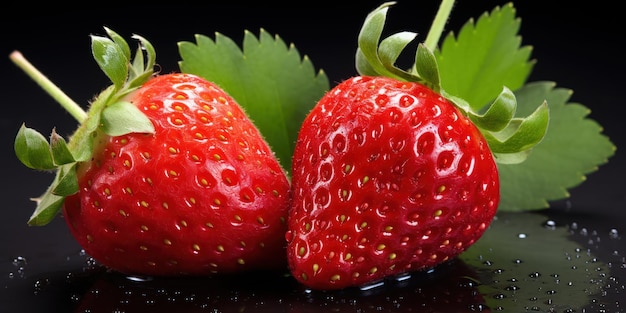 Free photo two glossy red strawberries with bright green leaves offer a sweet visual treat