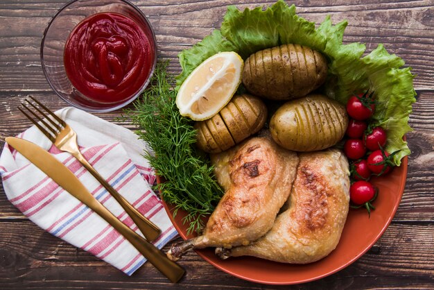 Two grilled chicken legs with fruits and vegetables in bowl