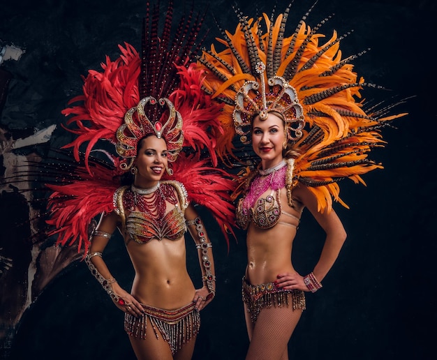 Две счастливые талантливые девушки в традиционных бразильских карнавальных костюмах позируют фотографу в студии.