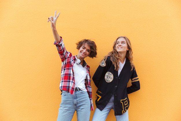 Two happy young teenage girls posing