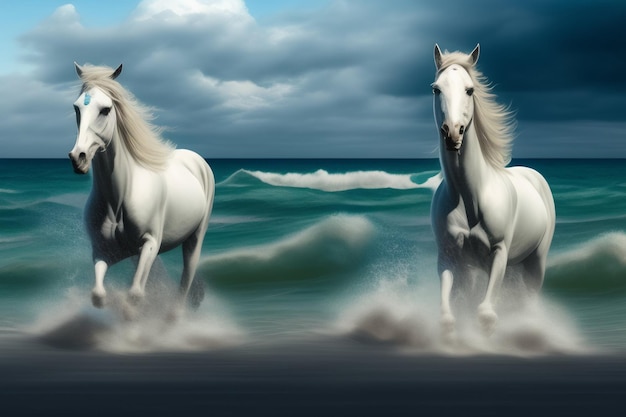 Two horses running on the beach with the sky in the background