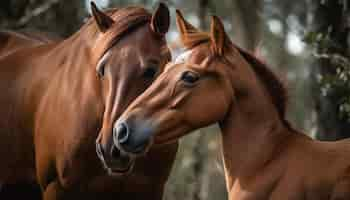 Free photo two horses stand side by side, one of which has a white spot on its head.