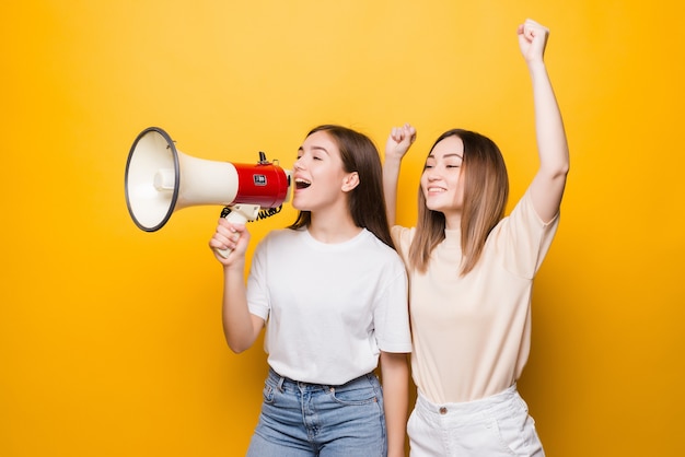 Two irritated young women girls friends scream in megaphone isolated on yellow wall . People lifestyle concept. Mock up copy space.