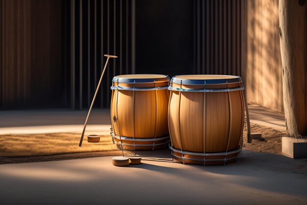 Two japanese drums sit on a patio with a stick in the foreground.