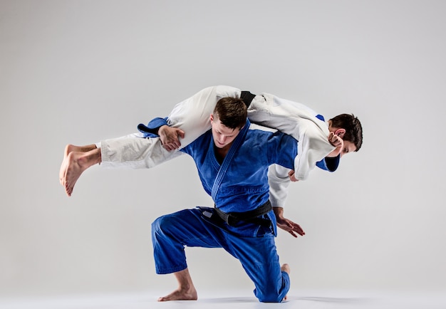 The two judokas fighters fighting men