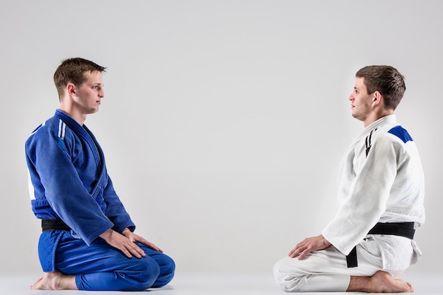 Free photo the two judokas fighters fighting men