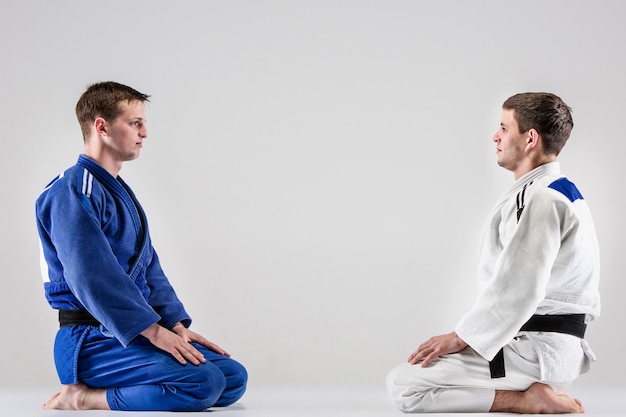 남자와 싸우는 두 judokas 전투기