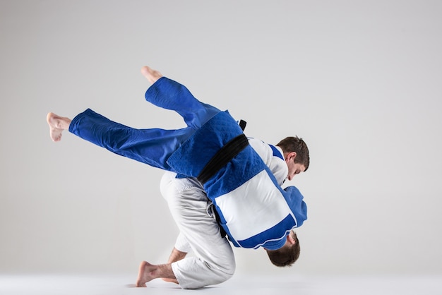 Free photo the two judokas fighters fighting men