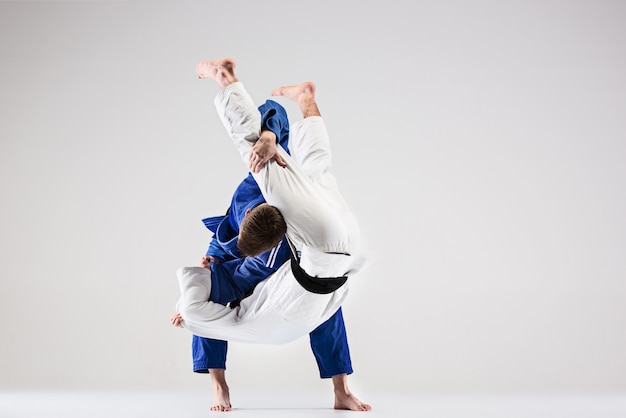 Free photo the two judokas fighters fighting men