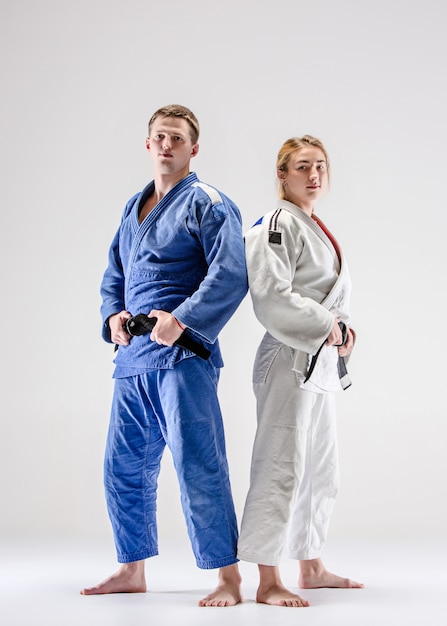 The two judokas fighters posing on gray