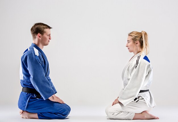 The two judokas fighters posing on gray