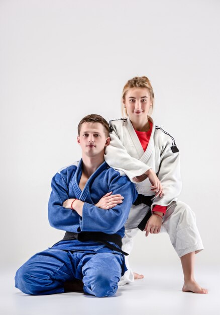 The two judokas fighters posing on gray