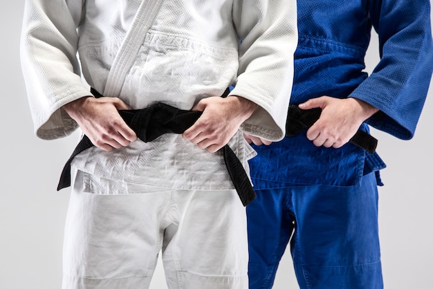 두 judokas 전투기 포즈