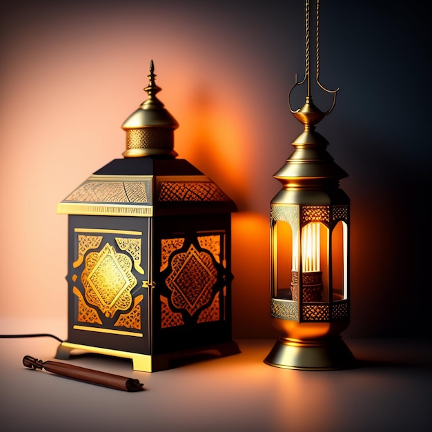 Free photo two lanterns are next to each other with the word ramadan on the bottom.