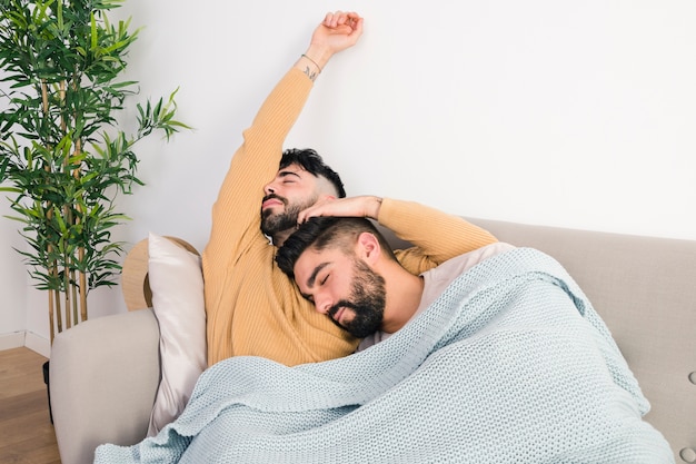 Two lazy gay couple lying on sofa in one blanket