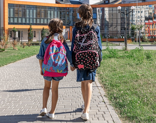 Two little girls go to school, holding hands, back view.