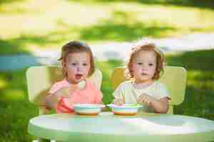 Free photo two little girls sitting at a table and eating together against green lawn