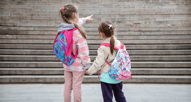 Two little girls with beautiful backpacks on their backs go to school together hand in hand. Childhood friendship concept.