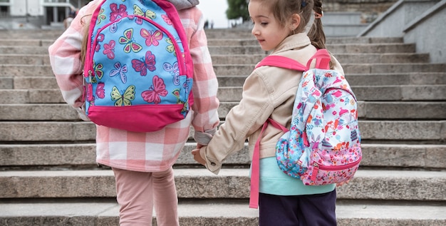 Две маленькие девочки с красивыми рюкзаками за спиной ходят в школу вместе, держась за руки. Концепция дружбы детства.