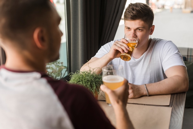 Two male friends drinking beer in glasses