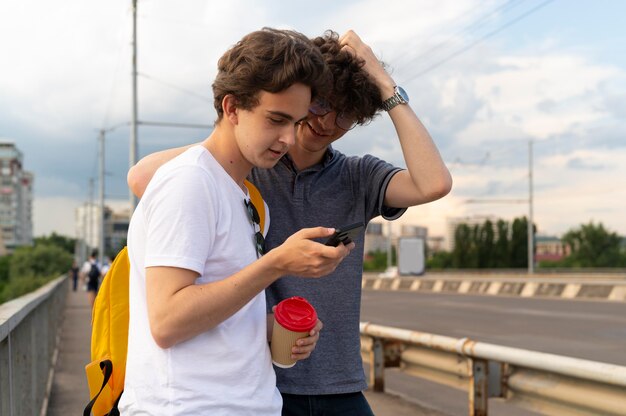 Two male friends spending time together outdoors