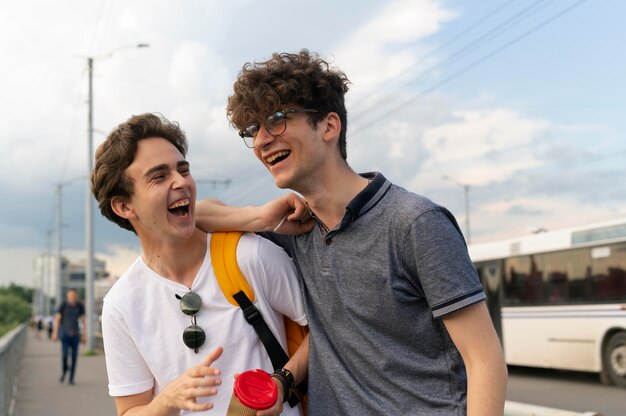 Two male friends spending time together outdoors