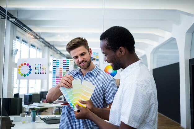 Two male graphic designers choosing color from the sampler