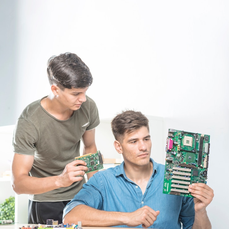 Free Photo two male technicians looking at motherboard