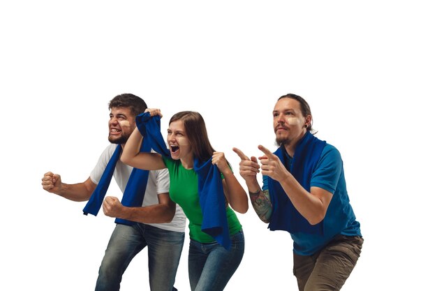 Two men and woman as soccer fans cheering for favourite sport team with bright emotions