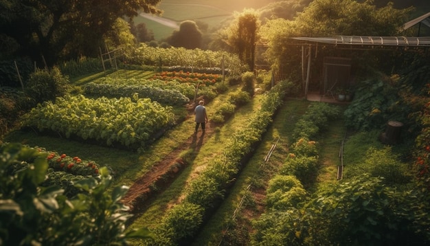 Foto gratuita due uomini che lavorano in una fattoria piantano fiori gialli generati dall'intelligenza artificiale