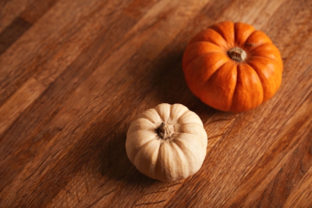Two miniature and tasty decorative pumpkins of different colors on rustic brown table