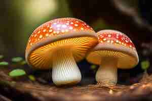 Free photo two mushrooms on a log with a green background