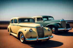 Free photo two old cars are parked in a desert, one of which is a yellow license plate.