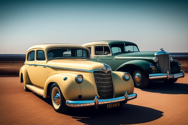 Two old cars are parked in a desert, one of which is a yellow license plate.