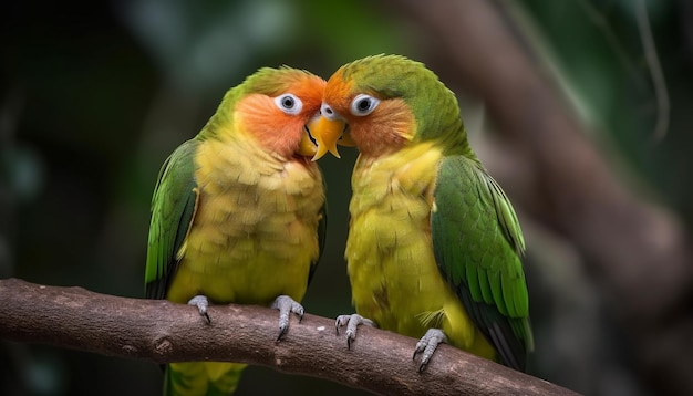 Two parrots sitting on a branch, one of which is green and yellow.