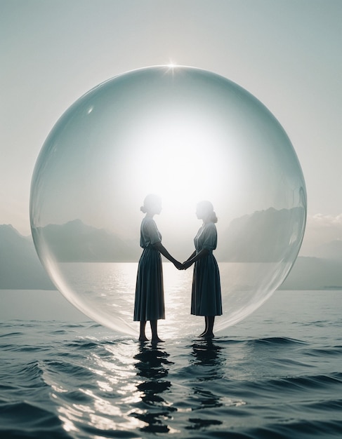 Two people inside a bubble over the sea