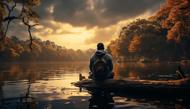 Free photo two people sitting by a tranquil pond at sunset generated by artificial intelligence