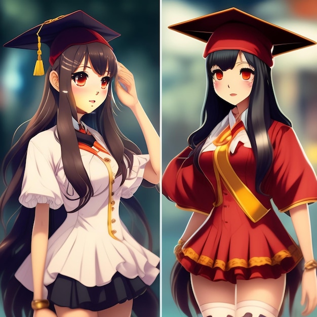 卒業帽と卒業帽をかぶった女の子の写真2枚。