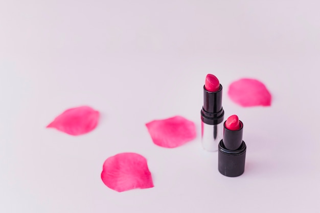 Two pink lipsticks with flower petals on colored background