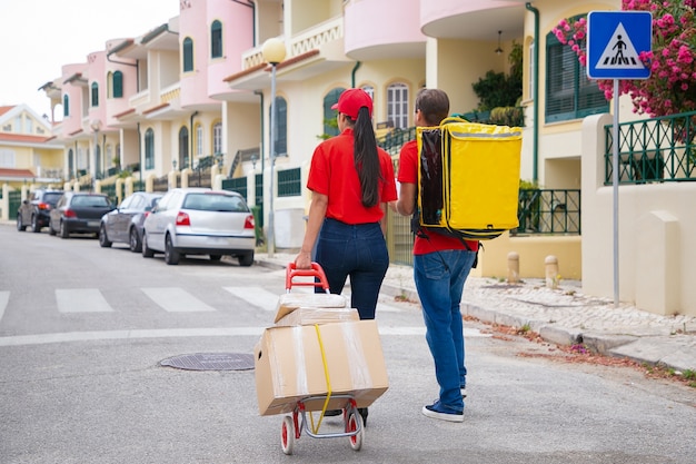 トロリーに黄色の保温バッグと箱を持った2人の郵便局員。住所を探して注文を配達する赤いシャツを着た宅配便の背面図。配送サービスとオンラインショッピングのコンセプト